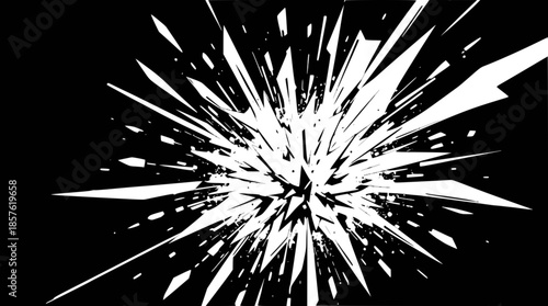 Abstract graphic of white sharp fragments exploding outwards on a black background.