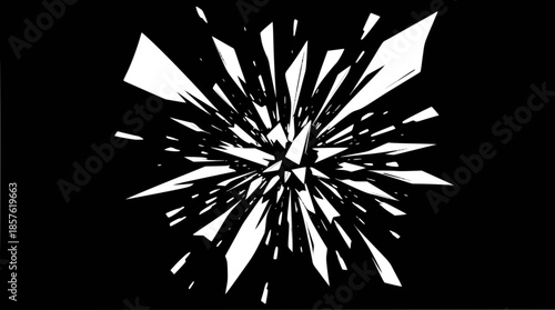 Abstract graphic design featuring white shattered fragments exploding outwards on a black background.