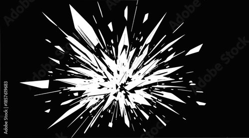 Abstract graphic illustration of a white explosion or shattered glass effect on a black background.