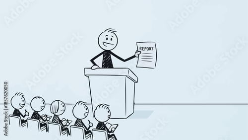 Cartoon man presenting report to audience at podium.