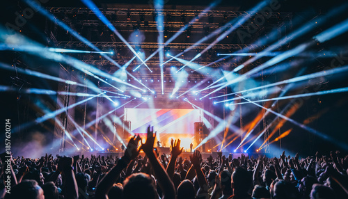 Large concert or music festival with stage lighting and audience engagement.
