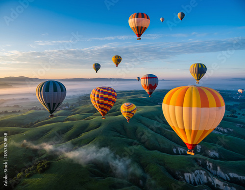 Hot air balloons floating over a lush green hilly landscape at sunrise.