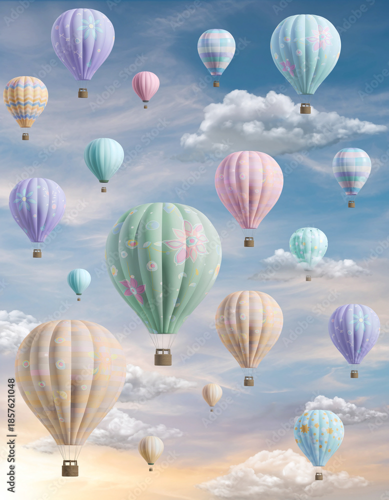Obraz premium Multiple pastel-colored hot air balloons floating in a blue sky with clouds.