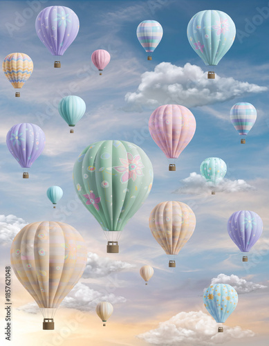 Multiple pastel-colored hot air balloons floating in a blue sky with clouds.