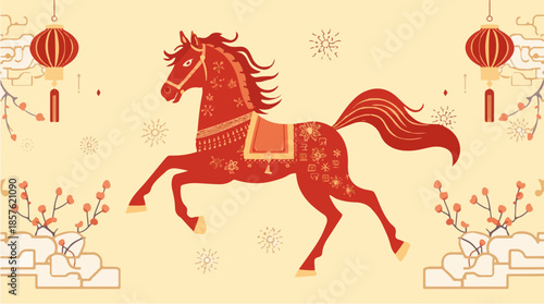 Vector illustration template featuring a horse in a flat design style to celebrate Chinese New Year 2026, incorporating vibrant red and gold colors, with bold  lines 