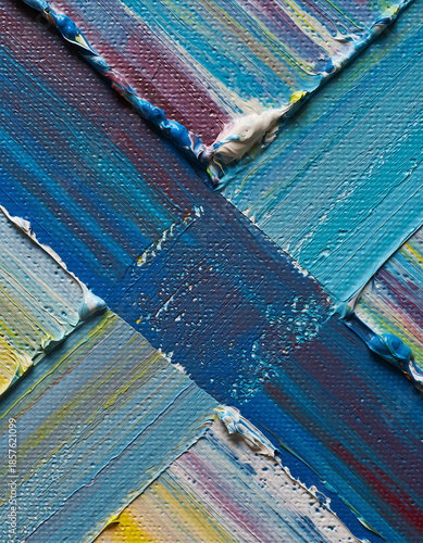vibrant abstract painting with textured multicolored brushstrokes and intersecting lines.