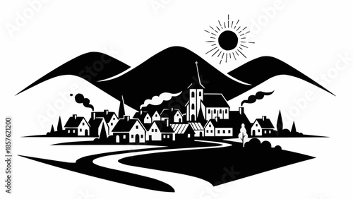 Charming village nestled in rolling hills under a bright sun.