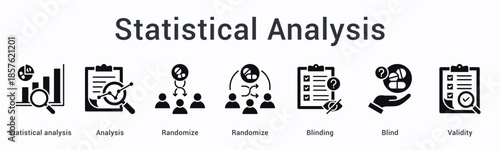 Statistical analysis banner web icon employs randomization and blinding techniques ensuring validity throughout analytical process.