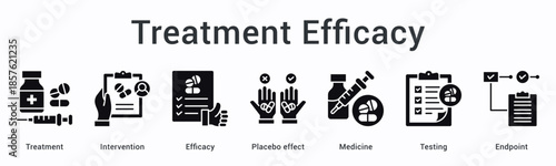 Treatment efficacy banner web icon evaluates intervention effectiveness against placebo effect through medicine testing to endpoint.