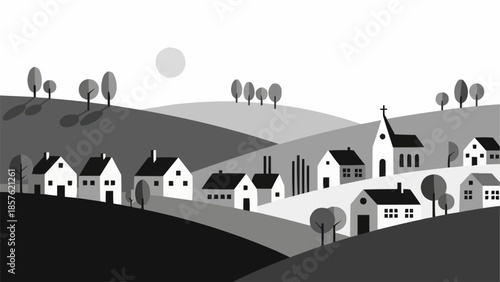 Charming village nestled in rolling hills under a bright sun.