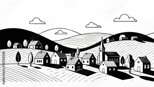 Charming village nestled in rolling hills with a church steeple.
