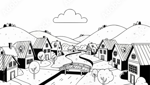 Charming village nestled in rolling hills with a winding river and bridge.