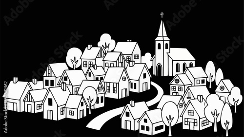 Charming village scene with houses and church illustration.