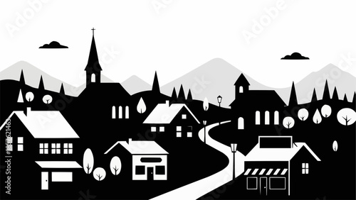Charming village scene with houses and church silhouette.