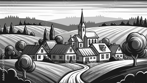 Charming Village Scene with Church and Rolling Hills.