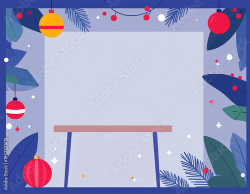 Holiday Table Display: A festive holiday scene, featuring a display table ready to showcase seasonal items, framed with colorful ornaments and decorations. 