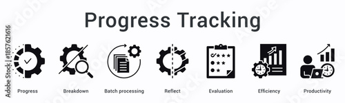 Progress tracking banner web icon monitors advancement through breakdown and batch processing with reflection and evaluation for efficiency.