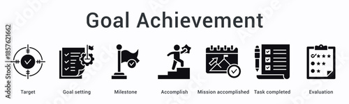 Goal achievement banner web icon demonstrating determination through steps and challenges toward successful outcomes.