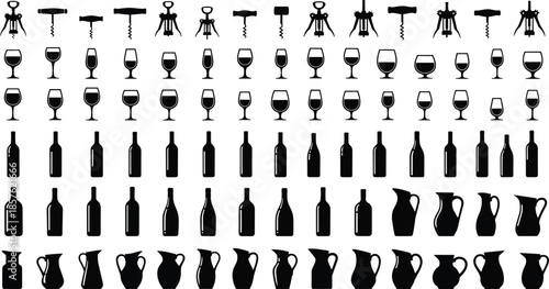 Wine Tools and Glassware Silhouette Set Featuring Corkscrews, Bottles, Glasses, Carafes for Bar, Restaurant, Winery, and Sommelier Use
