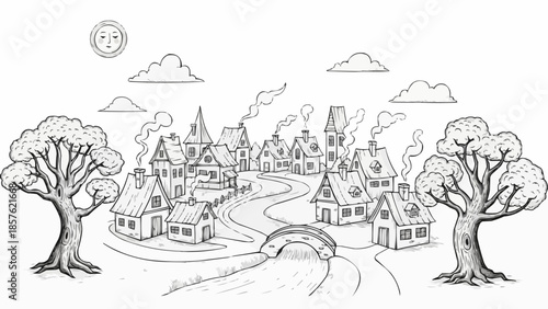 Charming village scene with trees and sun illustration.