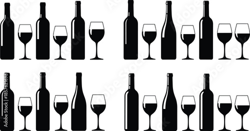 Visual logic puzzle with wine bottles and glasses, silhouette matching game for brain teaser, IQ test, and pattern recognition challenge