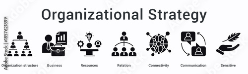 Organizational strategy banner web icon aligns business resources and relations through connectivity and sensitive communication structures.