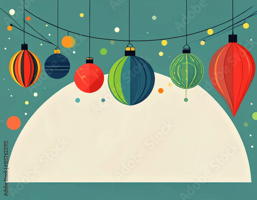 Festive Ornament Display: A collection of vibrant and colorful ornaments suspended from strings against a teal backdrop, creating a playful and decorative scene.