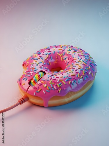 Surreal wired computer mouse shaped like a bitten pink donut with sprinkles. Funny sweet technology concept 3D render with rainbow scroll wheel.