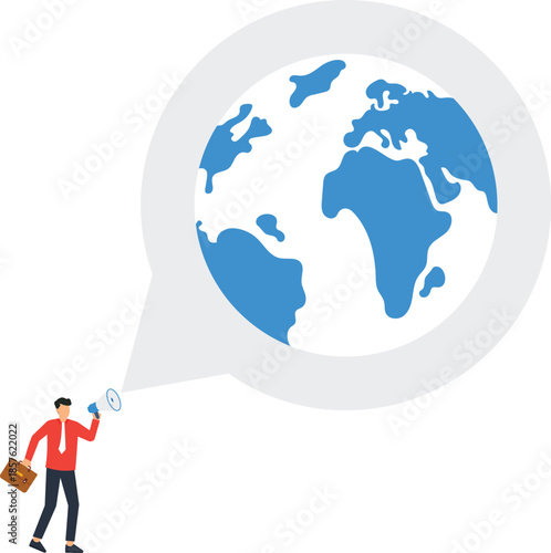 Businessman holding megaphone global communication concept world announcement planet earth speech bubble international business marketing message public speaking flat design