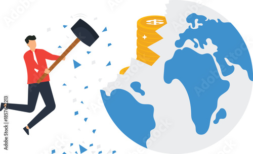 Businessman smashing planet earth with sledgehammer global economy crisis concept finding hidden money financial destruction corporate greed