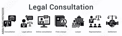 Legal consultation banner web icon provides advice through online platforms connecting clients with lawyers for representation.