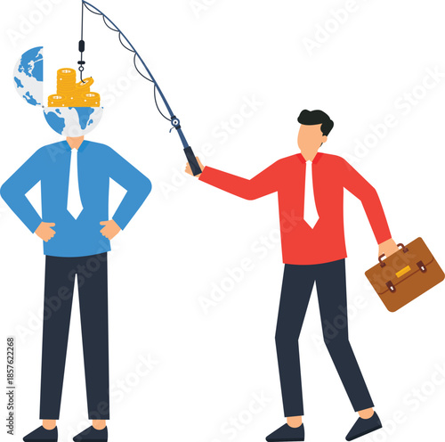 Businessman fishing money from globe head, global investment concept, financial bait metaphor, corporate business strategy, attracting capital, wealth creation, investment opportunity, global finance