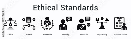 Ethical standards banner web icon establishes honorable conduct with sincerity and impartiality ensuring accountability frameworks.