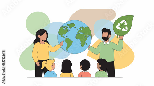 Couple teaching children about global recycling.