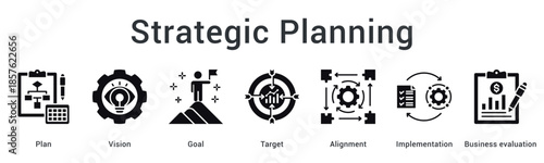 Strategic planning banner web icon outlines vision and goals with target alignment for implementation success.