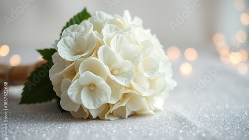 Delicate white hydrangea bouquet with green leaves and bokeh lights flowers floral