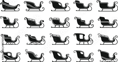Set of 20 vintage sleigh silhouettes in black and white, ideal for winter, Christmas, holiday, and festive design themes
