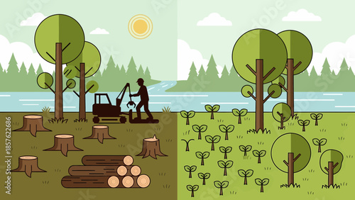 Deforestation and Reforestation Process Illustration.