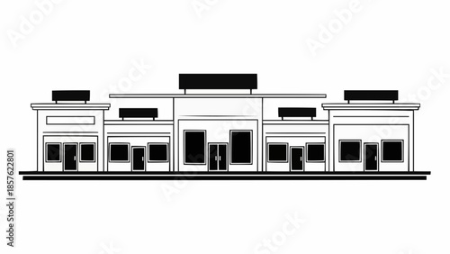 Monochrome Illustration of a Commercial Building with Multiple Units.