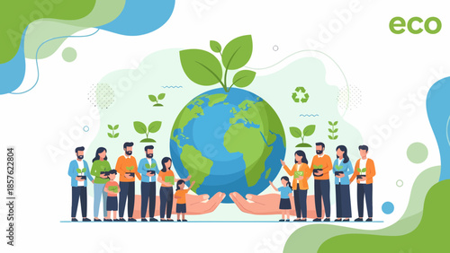 Diverse Group Holding Globe with Green Leaves.