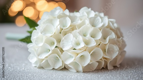 White hydrangea bouquet with bokeh lights floral petals