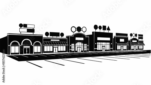 Black and White Illustration of a Strip Mall Facade.