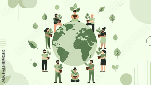 Diverse People Surrounding Globe with Plants.