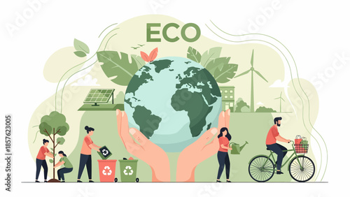 Eco Friendly Globe with People Cycling.