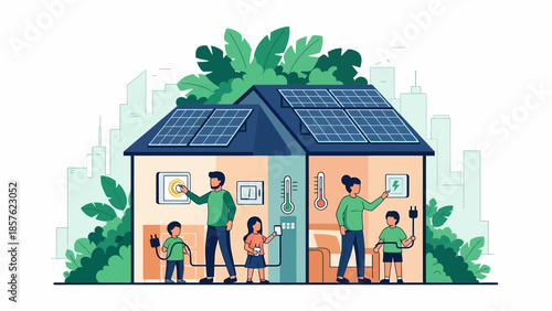 Family Standing Outside Modern House Illustration.