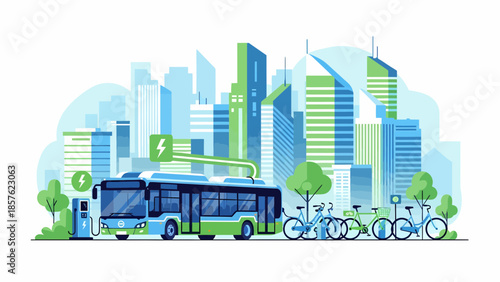 Electric Bus and Bicycles in Cityscape.