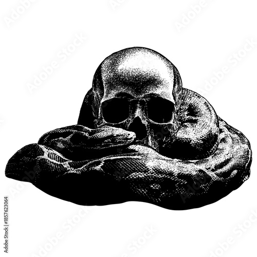 A striking black and white illustration of a human skull entwined by a coiled python, symbolizing danger, mortality, and primal power.