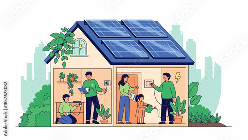 Family with Solar Panels on House.