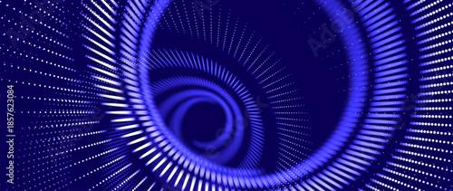 3D Circles Tech Background with Dotted Lines and Optical Illusion Effect. Big Data Visualization in Dark Space. Modern Dots Style Round Tunnel Banner. Vector Illustration.