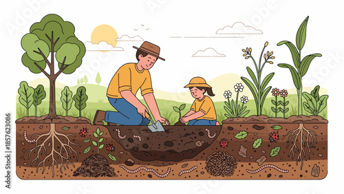 Farmer and Child Planting Crops Together.